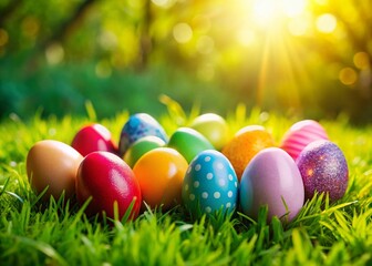 Fototapeta premium Colorful Easter Eggs on Green Grass - Spring Holiday Decoration Stock Photo