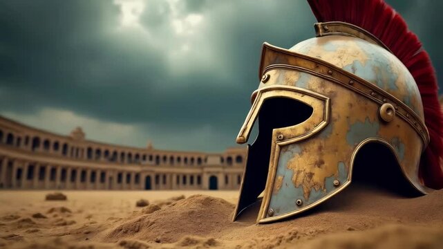 An ancient gladiator helmet resting on the sand of a grand ancient arena, under a brooding stormy sky
