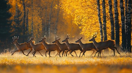 A herd of deer running through a golden autumn forest