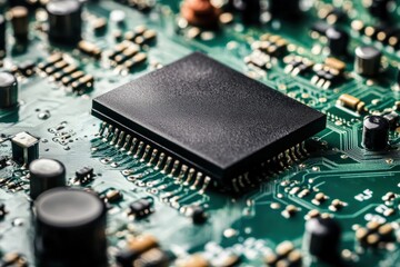 Close-Up View of a Circuit Board Showing a Central Processing Unit on a Green Background