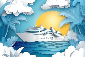 Luxury Cruise Ship at Sunset, Paper Art Style Tropical Vacation Illustration