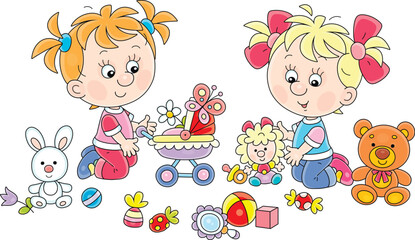 Happy little girls playing merrily with funny small doll, teddy bear, plush bunny and other colorful toys scattered on the floor in their playroom, vector cartoon illustration on a white background