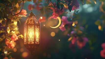 A radiant Arabic lantern, a beacon of hope, casts a warm glow alongside its ethereal twin, the crescent moon, against a backdrop of blurred flowers and a bokeh effect, symbolizing the spirit of