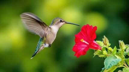 Obraz premium A hummingbird hovering near a bright red flower, wings flapping rapidly