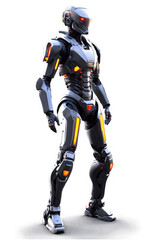 Shiny Robot standing, Silver Gray Body with Orange Lights, isolated png transparent