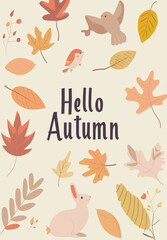 Naklejka premium Charming rabbit and bird with autumn leaves in a cozy design featuring 