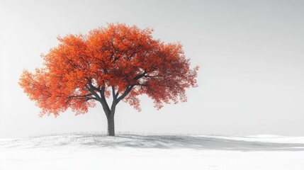Solitary autumn tree on snowy hill, misty background, nature scene
