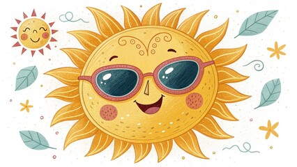 Smiling Sun with Sunglasses, Isolated on White Background, Summer Illustration, Cartoon Sun Summer, Cartoon