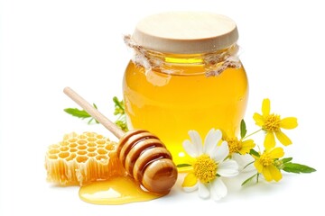 jar of honey with some flowers and honeycomb next to it, white background