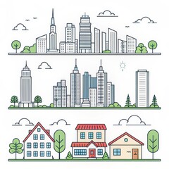 Obraz premium Line Art Cityscape and Houses, Isolated on White Background, City, Architecture