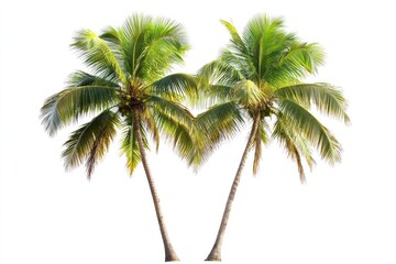 Two coconut trees isolated on a white background, cutout icon, no shadow at the bottom of the picture, isolated from the background