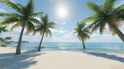Fototapeta premium Idyllic Tropical Beach Scene Palm Trees Ocean and White Sand