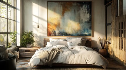 Bedroom Interior with Large Painting and Natural Light for Relaxation