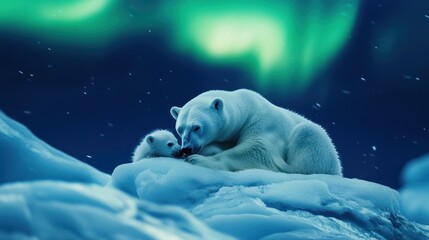 Obraz premium A mother polar bear cuddling her cub on a snowy iceberg under the northern lights