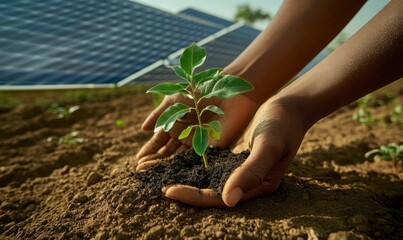 Close-up of hands holding soil with a young plant, with a solar panel in the background