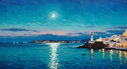 Naklejka premium beautiful sea harbour landscape at starry night.