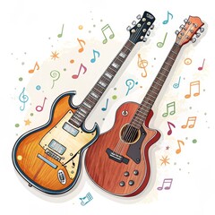 Electric and Acoustic Guitars with Music Notes, Isolated on White Background, musical instrument, guitar