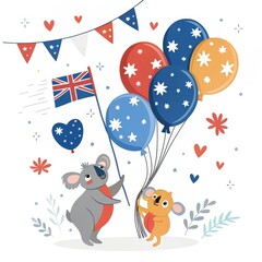 Naklejka premium Cute Koalas with Balloons and Bunting, Isolated on White Background, Australia Day, Koala Illustration Australia, Holiday