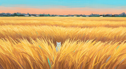 Obraz premium Illustration of a pampas field at sunset with a cat in the foreground