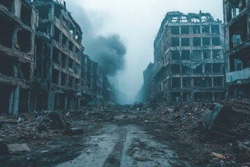 Wide Angle Shot of a War Zone Filled with Destroyed Buildings and Rising Smoke Captured with a High-Resolution Camera in a Harsh Environment