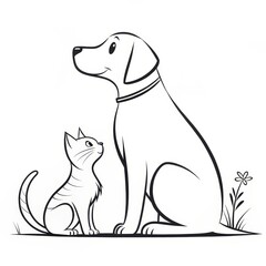 Obraz premium Cute Dog and Cat Line Art, Isolated on White Background, pet illustration, animal drawing