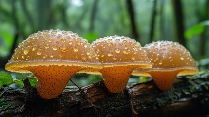 Obraz premium Dew-kissed mushrooms on a log in a rainforest. Use Nature, botany, wildlife, educational
