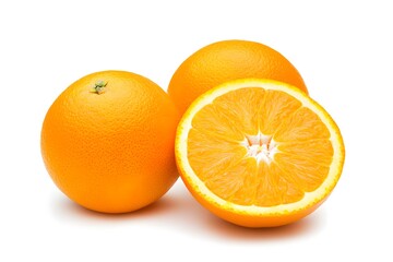 Orange fruit with leaves on white background	
