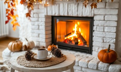fireplace with burning flames, surrounded by white brick walls and decorative wooden accents