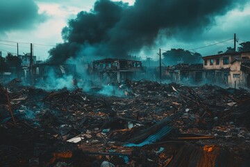 Wide Angle Shot of a War Zone Featuring Destroyed Buildings and Smoke Rising in the Aftermath of Conflict