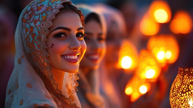 A vibrant scene of Islamic festivity, with intricate lanterns casting warm glows on smiling faces adorned with festive henna, symbolizing the end of Ramadan and the joyous celebration of Eid Al-Fitr.
