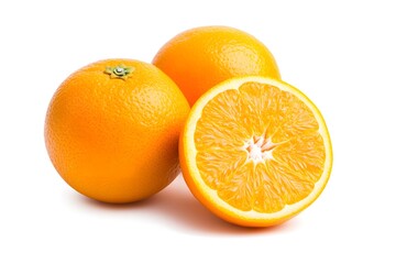 Orange fruit with leaves on white background	
