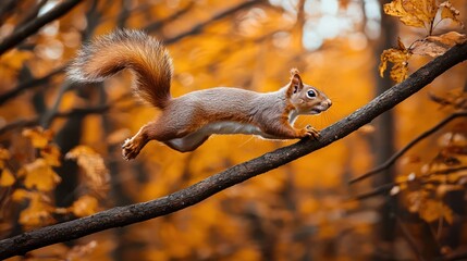 Obraz premium A playful squirrel leaping between branches in an autumn forest