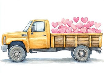 A whimsical watercolor dump truck filled with hearts, evoking a joyful and playful scene with vibrant colors, isolated on a white background