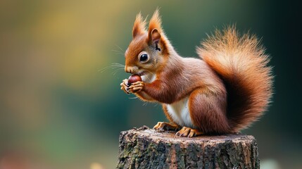 Obraz premium A red squirrel perched on a tree stump, nibbling on an acorn