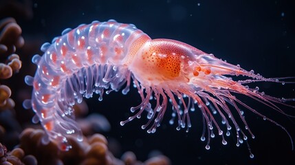 Naklejka premium Transparent shrimp, ocean, coral reef, bioluminescence, aquatic life, close-up, dark background, science