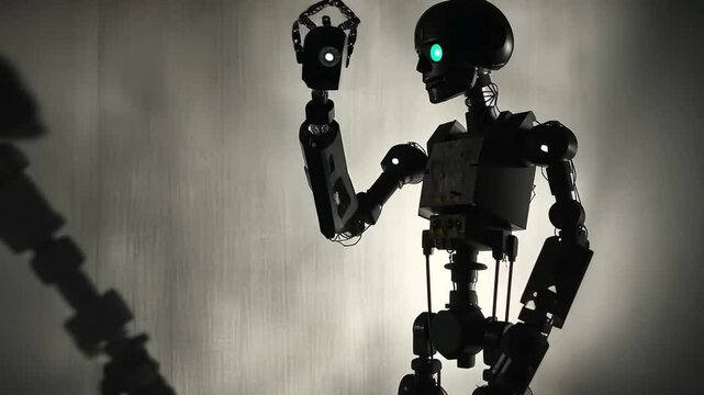 Reflect the shadow play of robot puppets that move on command without using strings with futuristic puppet art