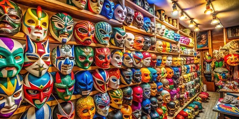Fototapeta premium Colorful Lucha Libre Masks Displayed in a Vibrant Mexican Souvenir Shop