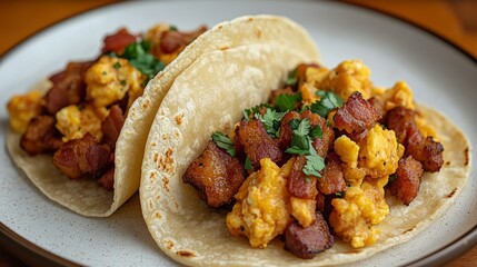 Top view of a cozy kitchen setting with delicious breakfast tacos filled with eggs and bacon, radiating a warm and delightful culinary atmosphere