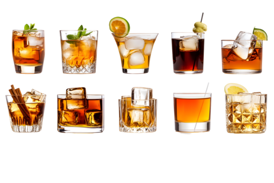 Drinks of alcohol, from classic cocktails to craft beers, shots of liquors, chill whiskey, isolated modern illustration set of drinking glasses, on white or transparent background