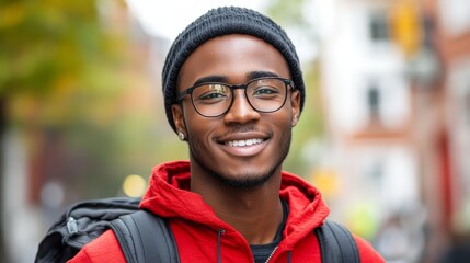 A joyful African American man in a cozy winter jacket, hat, and glasses beams with confidence as he stands on a city street during a chilly winter day