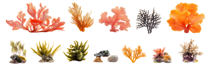 Ocean seaweeds, aquarium decorations. Corals, sea algae and clam in modern set, kept on white or transparent background