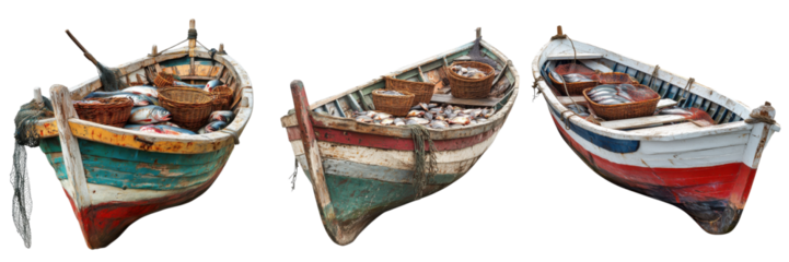 A Set of Small Wooden Fishing Boats with Daily Fresh Catch Isolated on Transparent Background