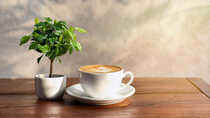 テーブルの上に置いたコーヒーと観葉植物