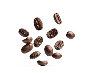 Naklejka premium Coffee beans falling in the air. coffee beans isolated on white background