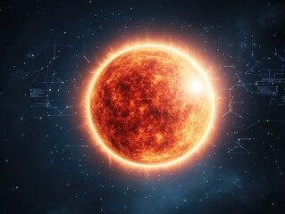 Glowing Sun in Cosmic Space with Digital Elements and Stars in Background