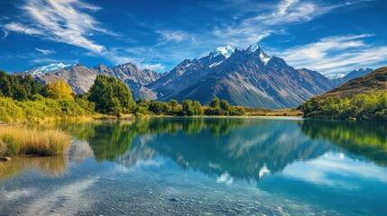 Obraz premium A serene mountain landscape with towering peaks and a crystal-clear lake
