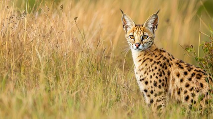 Obraz premium A serval cat standing in tall African grass, its golden fur blending with the surroundings