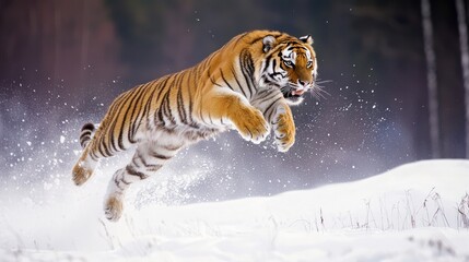 Obraz premium A Siberian tiger leaping across a snowy landscape, powerful muscles visible beneath its thick coat