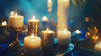 Lighted Candles Arranged On A Decorative Tray