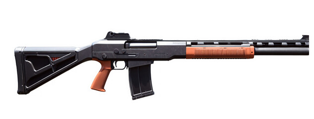 Rifle firearm with gray silver and orange parts. Isolated png with transparent background. Black magazine and body. Stock for shoulder firing.
